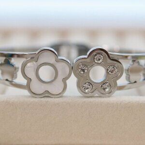 White Jade Flower Clover with CZ Bangle Silver Stainless Steel Bracelet